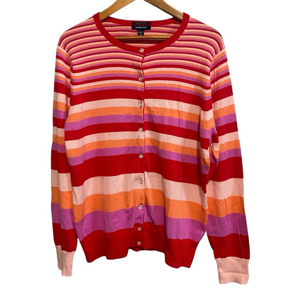 Lands End Red Striped Cardigan Sweater XL Cotton Soft Colorful Preppy Nautical